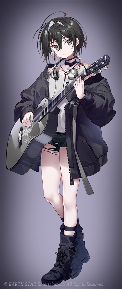 1girl black_boots black_hair black_jacket black_shorts boots character_request closed_mouth collarbone commentary_request fujima_takuya full_body gradient_background grey_background grey_eyes guitar headphones headphones_around_neck holding holding_instrument instrument jacket lace-up_boots long_sleeves looking_at_viewer off_shoulder open_clothes open_jacket puffy_long_sleeves puffy_sleeves shirt short_shorts shorts solo standing torn_clothes torn_shorts utahime_dream white_shirt