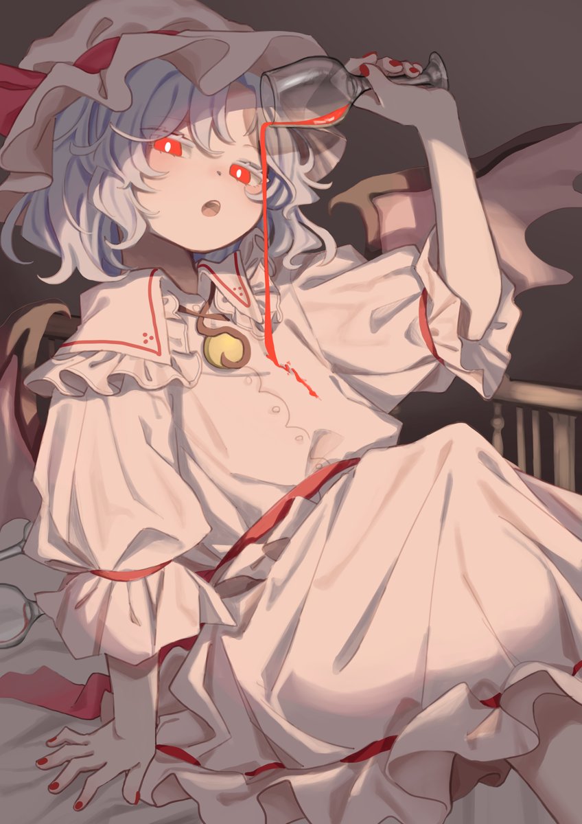 1girl alcohol ascot bat_wings bed blue_hair brooch collared_shirt cup drinking_glass frilled_shirt_collar frills hat hat_ribbon highres holding holding_cup jewelry looik misoice_ramen mob_cap open_mouth pink_hat pink_shirt puffy_short_sleeves puffy_sleeves red_ascot red_eyes red_nails red_ribbon remilia_scarlet ribbon shirt short_hair short_sleeves sitting solo touhou wine wine_glass wings