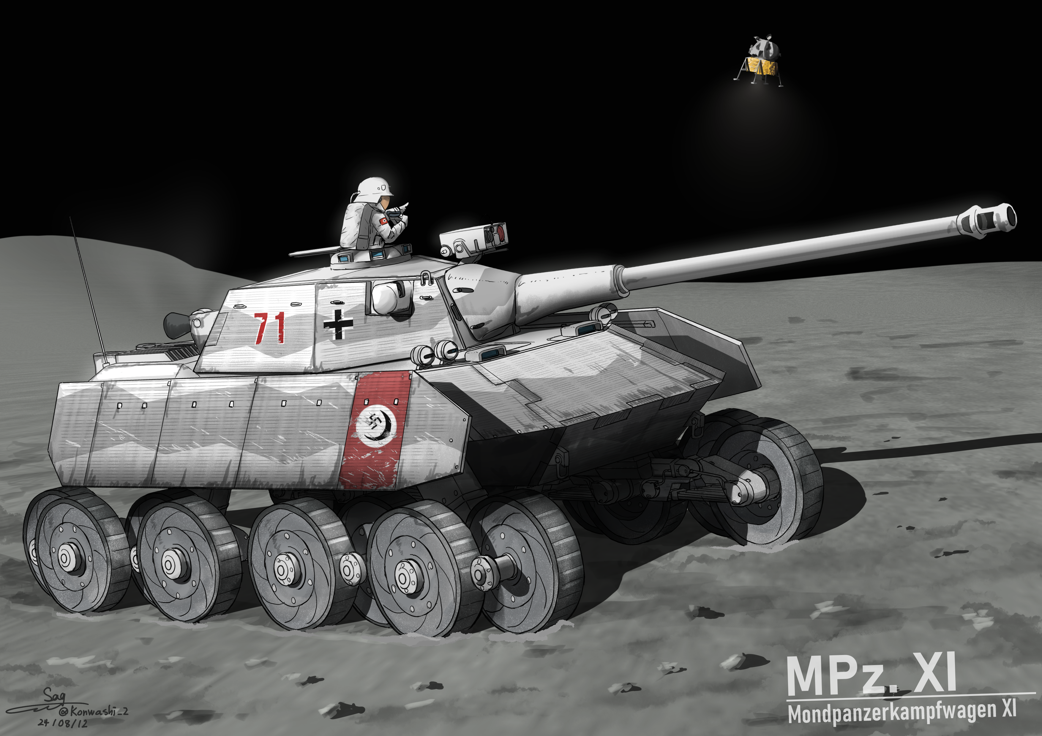 1other absurdres alternate_universe apollo_lunar_module artist_name astronaut balkenkreuz combat_helmet commentary_request cross dated german_text helmet highres military_vehicle motor_vehicle muzzle_device nazi on_moon original science_fiction signature solo space stahlhelm swastika tank teisei_misagi twitter_username