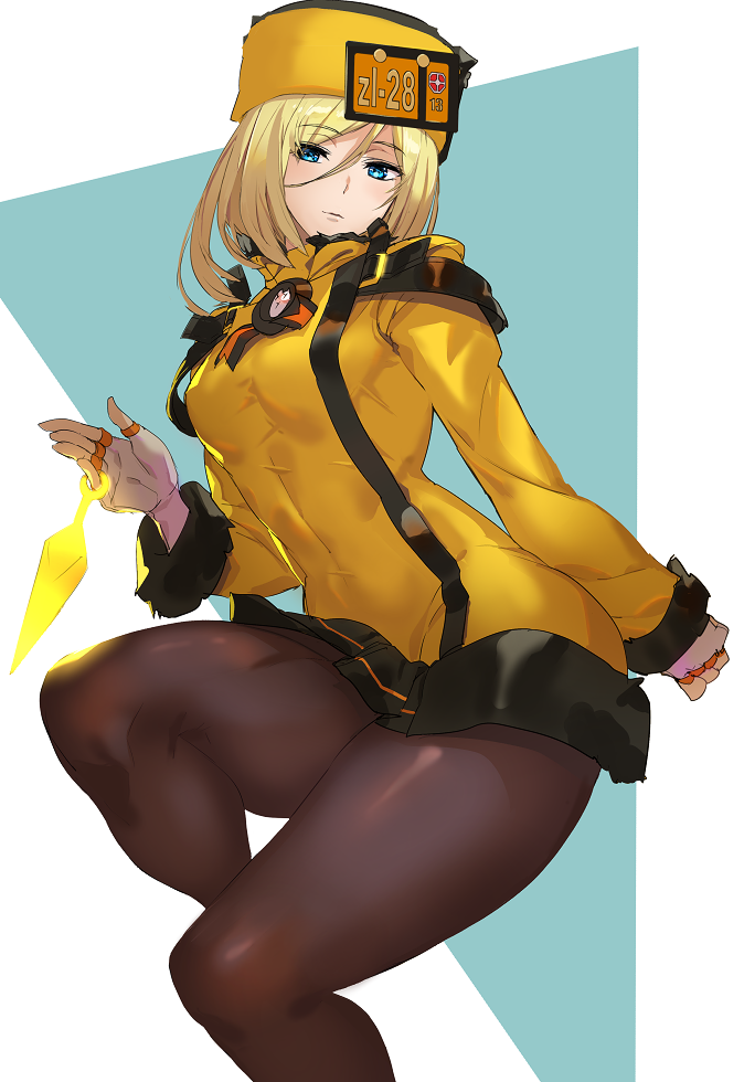1girl alternate_hair_length alternate_hairstyle ashiomi_masato blonde_hair blue_eyes brown_pantyhose coat commentary_request fingerless_gloves gloves guilty_gear guilty_gear_xrd hat kunai legs long_sleeves millia_rage pantyhose short_hair solo weapon white_gloves yellow_coat yellow_hat