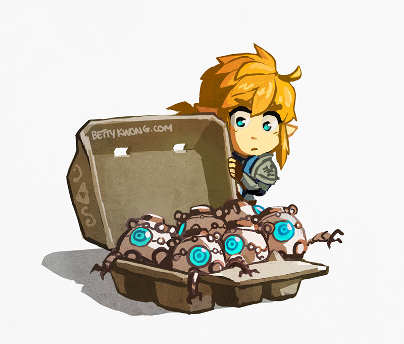 1boy armor bettykwong blonde_hair blue_eyes chibi egg egg_carton fingerless_gloves gloves guardian_(zelda) hyrule_warriors:_age_of_calamity link looking_at_another nintendo pointy_ears sidelocks terrako the_legend_of_zelda the_legend_of_zelda:_breath_of_the_wild watermark web_address