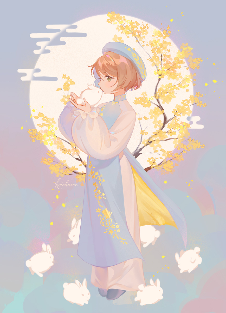 1girl animal blue_footwear brown_hair cloud egasumi flat_chest floral_print flower frilled_sleeves frills full_body full_moon green_eyes headdress high_collar highres holding holding_animal huge_moon kiss kissing_animal koichame long_sleeves moon original puffy_long_sleeves puffy_sleeves rabbit short_hair signature solo standing ao_dai yellow_flower