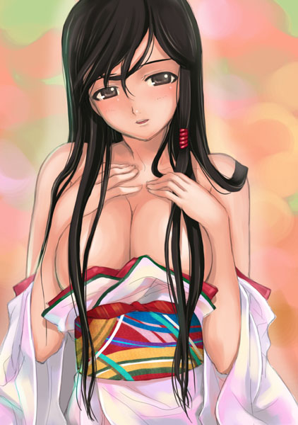 1girl black_hair breast_suppress breasts cleavage dead_or_alive dead_or_alive_4 female_focus grey_eyes japanese_clothes kimono kokoro_(doa) large_breasts long_hair looking_at_viewer mikazuki_akira! no_bra obi off_shoulder pink_kimono sash solo tecmo