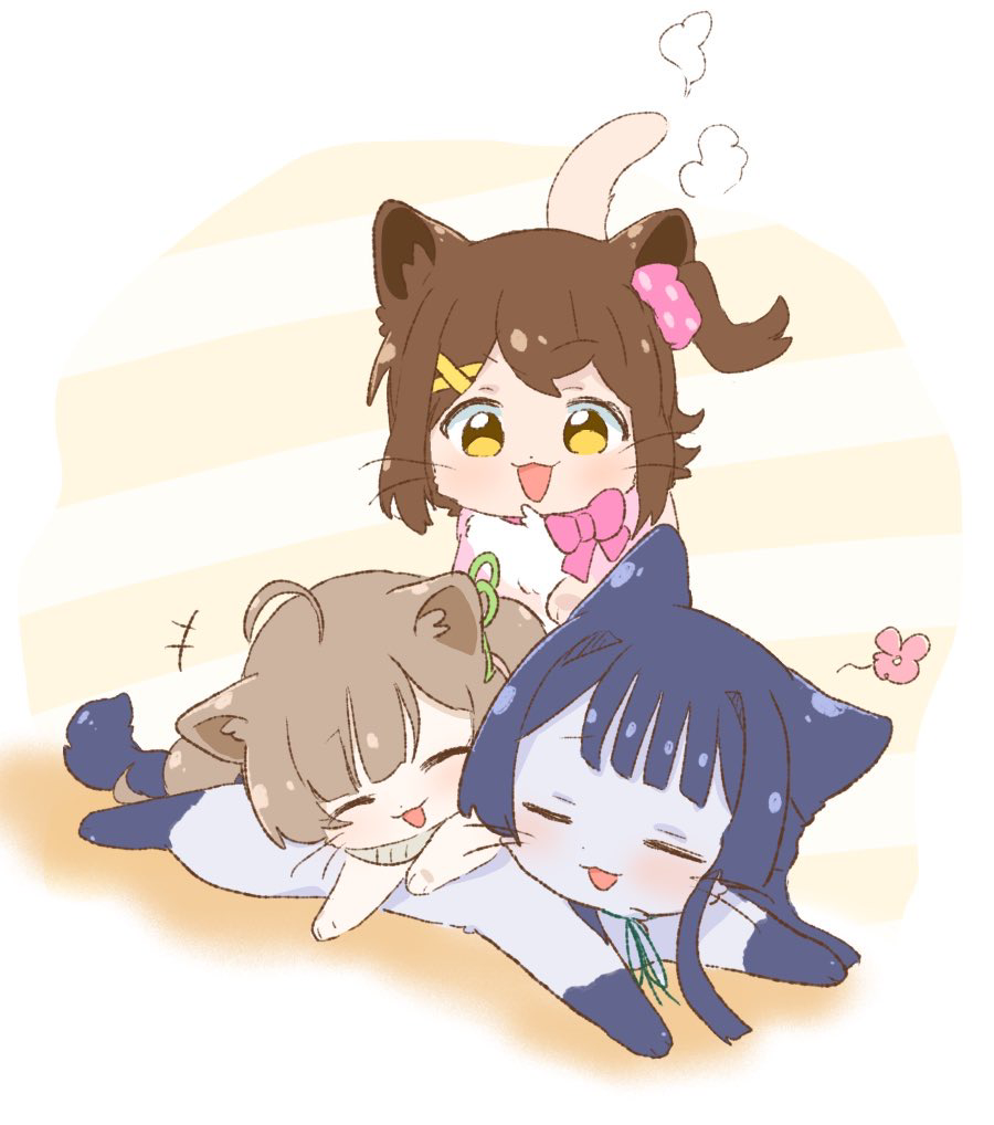 :3 animalization black_hair brown_eyes brown_hair cat closed_eyes commentary green_ribbon hair_ornament hair_ribbon hair_scrunchie hakozaki_serika hutaba idolmaster idolmaster_million_live! kasuga_mirai long_hair lying mogami_shizuka no_humans on_stomach one_side_up open_mouth pink_scrunchie ribbon scrunchie short_hair smile