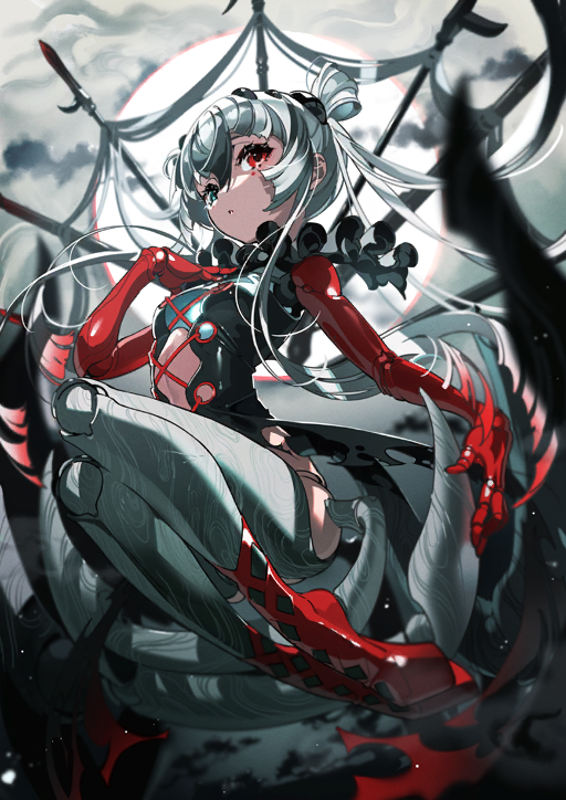 1girl android arthropod_girl arthropod_limbs breasts closed_mouth coat colored_extremities colored_skin cross-laced_clothes doll_joints dot_mouth double_bun extra_legs fate/grand_order fate_(series) full_body game_cg gradient_hair green_eyes grey_coat grey_hair grey_skin hair_between_eyes hair_bun hair_ornament hand_on_own_chest hand_up heterochromia insect_girl joints kashin_koji_(fate) kashin_koji_(third_ascension)_(fate) legs_up long_coat long_hair long_sidelocks looking_to_the_side multicolored_hair multicolored_skin neck_ruff official_art outstretched_arm platform_shoes red_eyes red_hair red_shoes red_skin revealing_clothes shoes sidelocks small_breasts solo spider_girl third-party_source very_long_hair very_long_sidelocks white_hair yoneyama_mai