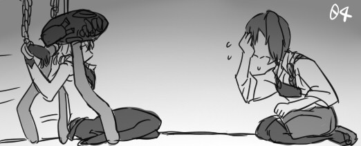 10s 2girls abyssal_ship chained_wrists comic commentary_request flying_sweatdrops greyscale hand_on_own_head kaga_(kancolle) kantai_collection monochrome multiple_girls muneate side_ponytail tonda wo-class_aircraft_carrier