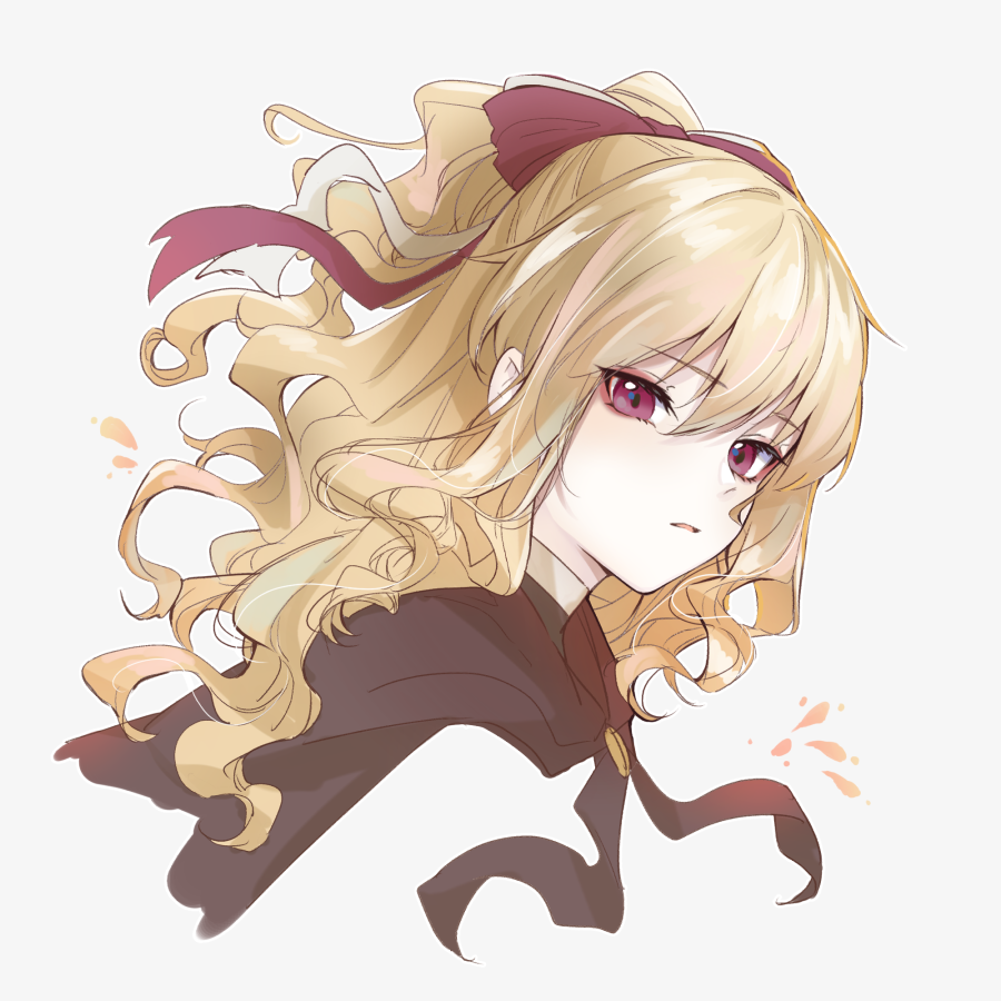 1girl black_cape blonde_hair borrowed_character cape carrot_(robosquat) collar curly_hair grey_collar hair_between_eyes hair_ribbon long_hair looking_at_viewer open_mouth original parted_lips red_eyes red_ribbon ribbon simple_background smile solo upper_body white_background white_ribbon