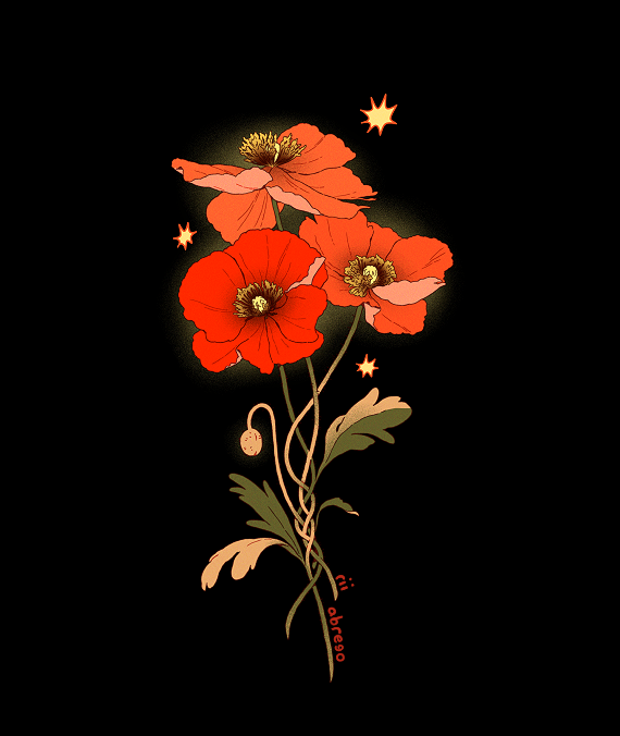 black_background braid bud color_contrast commentary downscaled english_commentary flower flower_focus glowing leaf no_humans original paid_reward_available poppy_(flower) red_flower red_theme resized rii_abrego signature simple_background sparks