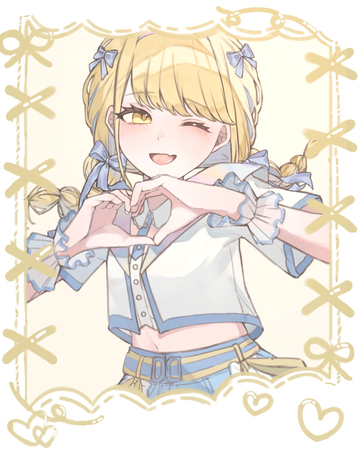1girl ;d banira_7 blonde_hair braid commentary crop_top cropped_jacket cropped_legs fang frilled_wristband fujita_kotone gakuen_idolmaster hair_ribbon heart heart_hands highres idolmaster jacket long_hair looking_at_viewer navel one_eye_closed open_mouth ribbon sekaiichi_kawaii_watashi_(idolmaster) short_sleeves skin_fang smile solo swimsuit twin_braids white_jacket yellow_eyes