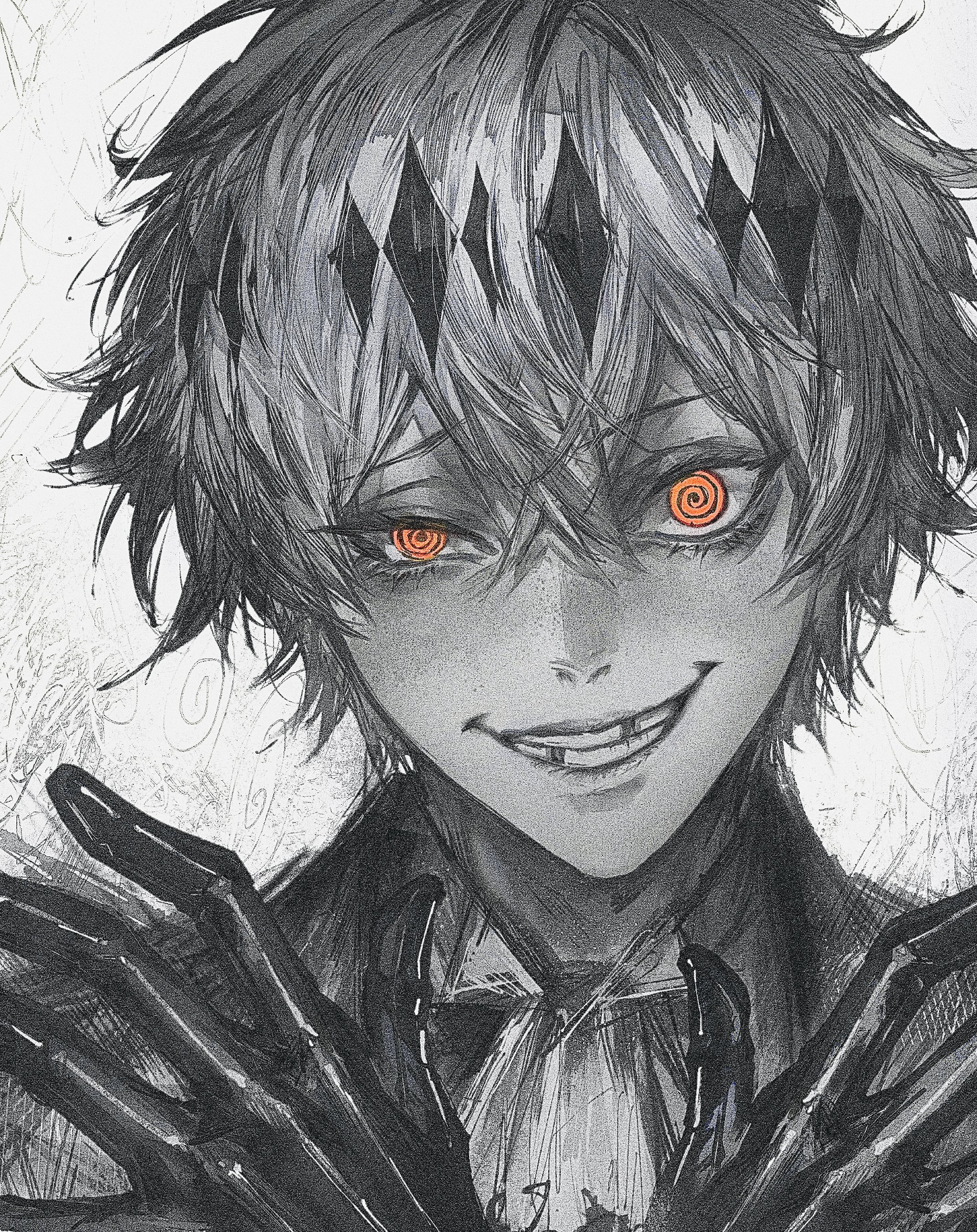 1boy @_@ commentary gloves grin highres ho9_999 jacket looking_at_viewer male_focus missing_tooth orange_eyes short_hair skully_j._graves smile solo spot_color symbol-only_commentary twisted_wonderland uneven_eyes upper_body white_background