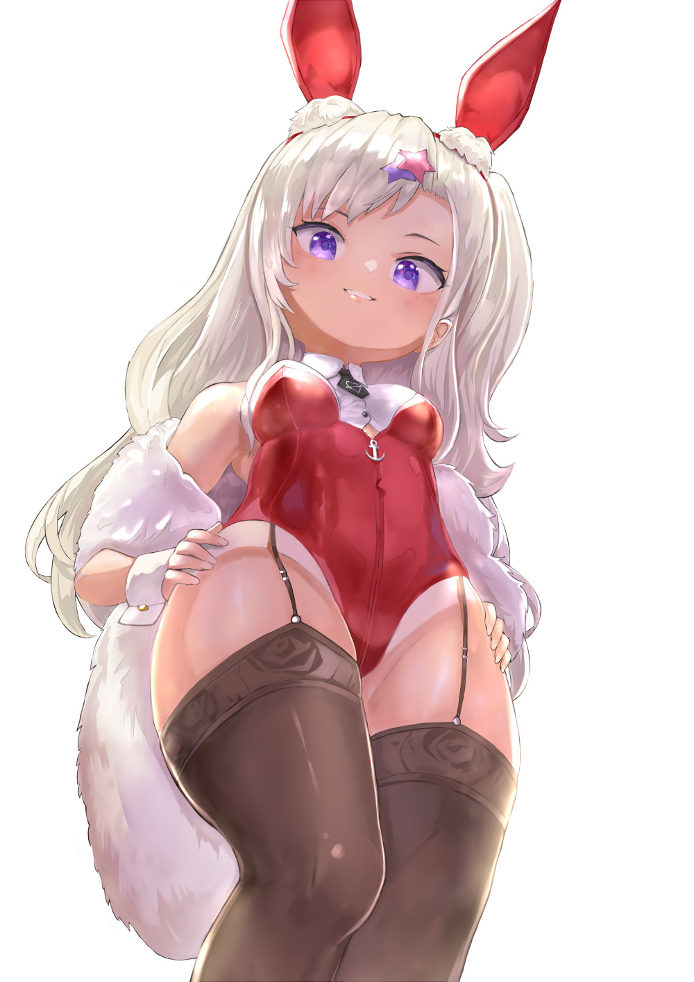anchor_ornament animal_ears archerfish_(azur_lane) archerfish_(coquettish_bunny)_(azur_lane) azur_lane breasts fake_animal_ears from_below hands_on_own_hips highres leotard long_hair looking_at_viewer medium_breasts mg42cat-k1ng necktie official_alternate_costume playboy_bunny rabbit_ears short_necktie solo thighhighs white_hair