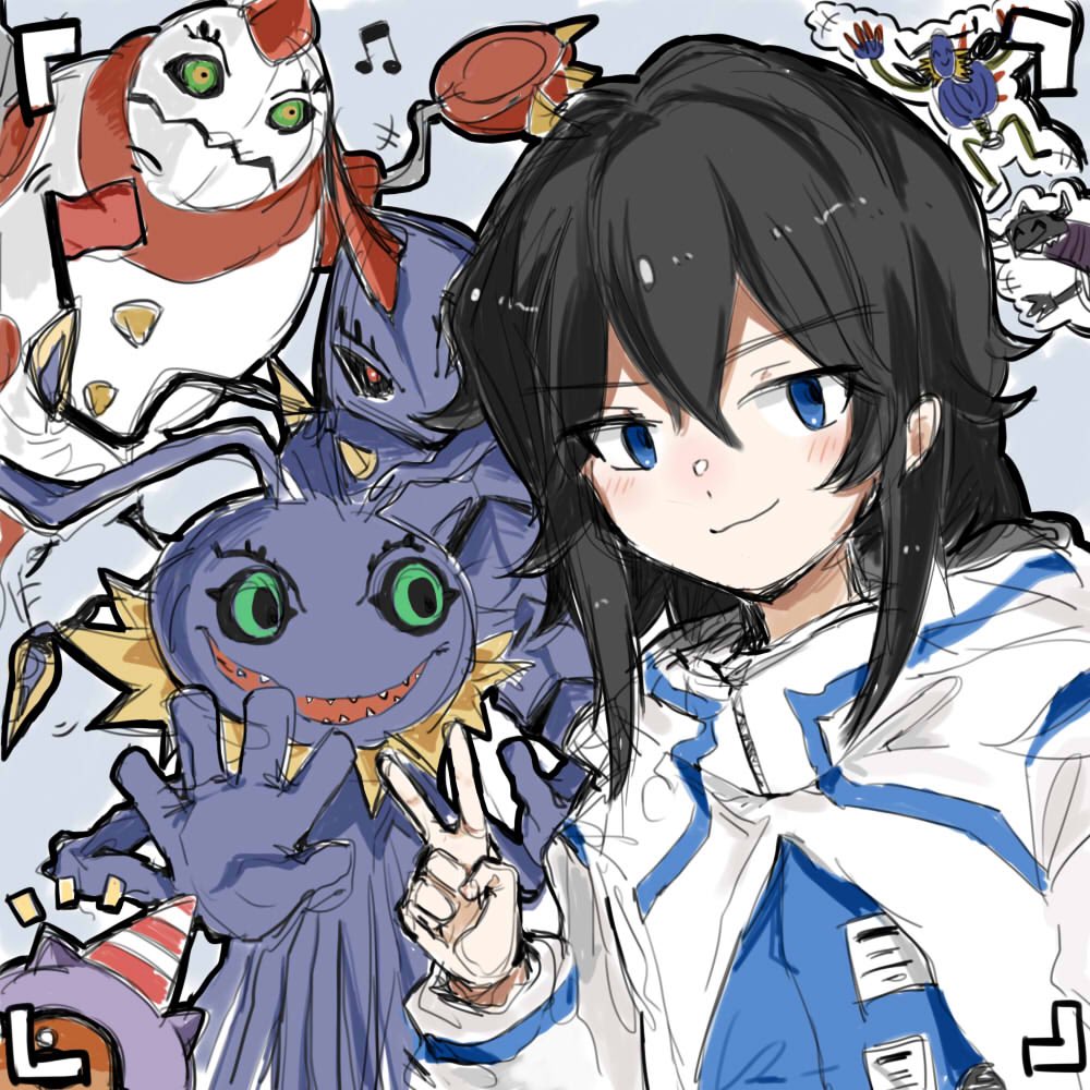 armagemon black_hair blue_eyes chrysalimon diablomon digimon infermon keramon kuramon sanada_arata sharp_teeth smile teeth v