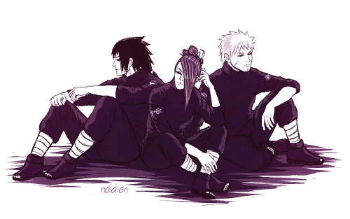 1girl 2boys closed_mouth facial_mark full_body hair_over_one_eye long_hair long_sleeves lowres multiple_boys naruto_(series) naruto_shippuuden noldien pants senju_symbol senju_tobirama senju_touka shirt short_hair sitting toeless_legwear uchiha_izuna uchiha_symbol