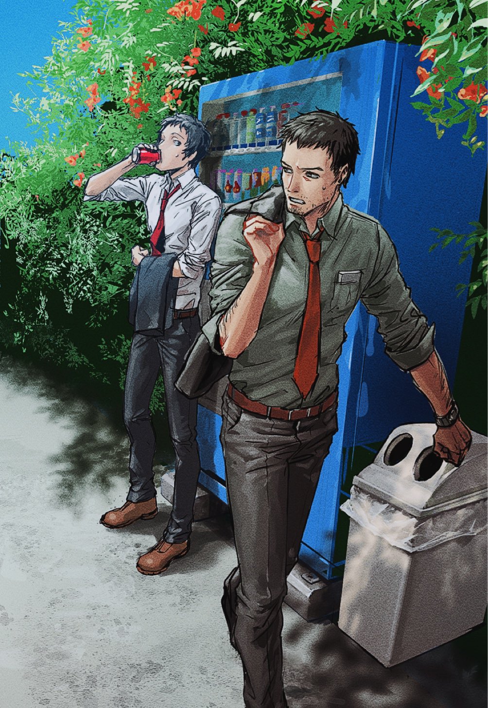 2boys adachi_tooru beard_stubble belt black_pants blue_sky brown_footwear brown_hair can doujima_ryoutarou drink_can drinking facial_hair flower grey_shirt highres holding holding_can holding_jacket holding_unworn_clothes jacket jacket_over_shoulder long_sleeves looking_at_another morrisuit multiple_boys necktie pants persona persona_4 plant red_flower red_necktie shirt short_hair sky sleeves_rolled_up soda_can stubble sweatdrop unworn_jacket vending_machine watch white_shirt wristwatch