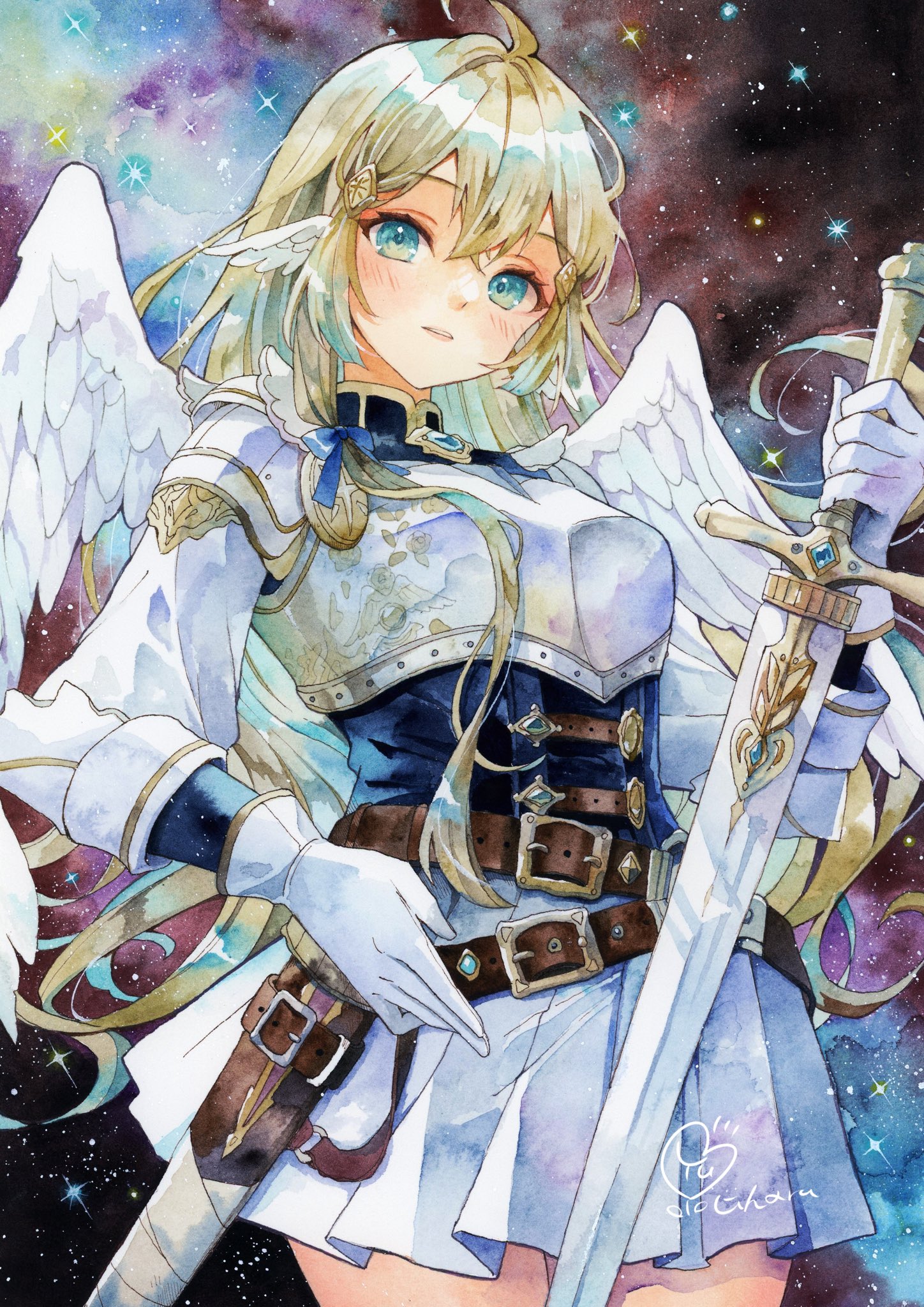 1girl :| ahoge arched_back arm_armor armor artist_name belt belt_buckle black_shirt blonde_hair blue_gemstone blue_ribbon breastplate breasts brown_belt brown_eyes buckle closed_mouth commentary_request cowboy_shot crossed_bangs cuirass ear_wings gem gloves highres holding holding_sword holding_weapon horns long_hair long_sleeves looking_at_viewer miniskirt original parted_lips pauldrons pleated_skirt ribbon shirt shoulder_armor sidelocks signature skirt sky solo space star_(sky) starry_sky sword weapon white_gloves white_skirt white_wings wings yuyuharu_1027