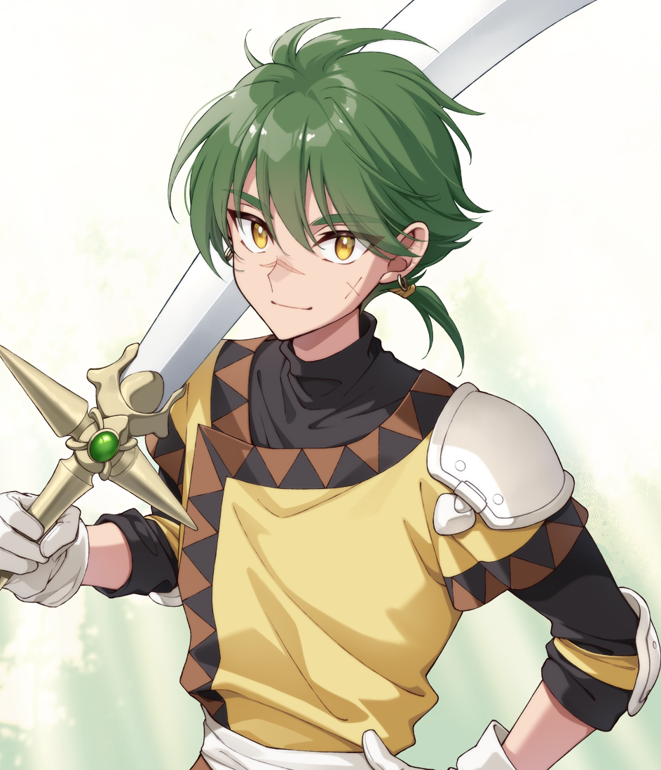 1boy black_shirt earrings elbow_pads ferio_(rayearth) gem gloves green_gemstone green_hair hand_on_own_hip holding holding_sword holding_weapon jewelry light_smile looking_at_viewer magic_knight_rayearth male_focus masami_(souzou_jinsei_sanka) sash scar scar_on_face shirt short_hair single_shoulder_pad sleeves_rolled_up sword tunic upper_body weapon white_gloves white_sash yellow_eyes yellow_tunic