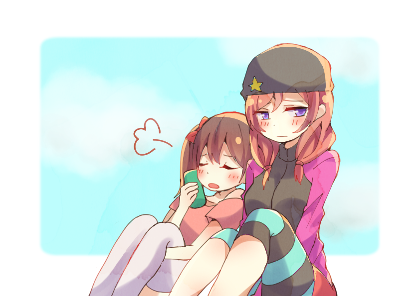2girls aqua_leggings black_hair black_legwear blue_skirt blush cloud commentary_request leaning_on_person long_sleeves love_live! low_twintails multiple_girls nishikino_maki nonbiri_yuka open_mouth purple_eyes red_hair red_shirt shirt short_sleeves sitting skirt striped_legwear thighhighs twintails two-tone_legwear white_thighhighs yazawa_nico yuri