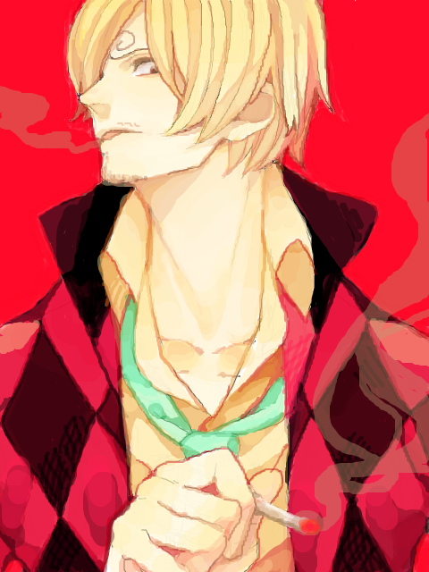 1boy akizuki_hakuto bad_id bad_pixiv_id blonde_hair cigarette collared_shirt commentary_request curly_eyebrows diamond_(shape) facial_hair goatee holding holding_cigarette looking_at_viewer male_focus mustache one_piece one_piece_film:_z red_background sanji_(one_piece) shirt short_hair smoke solo upper_body