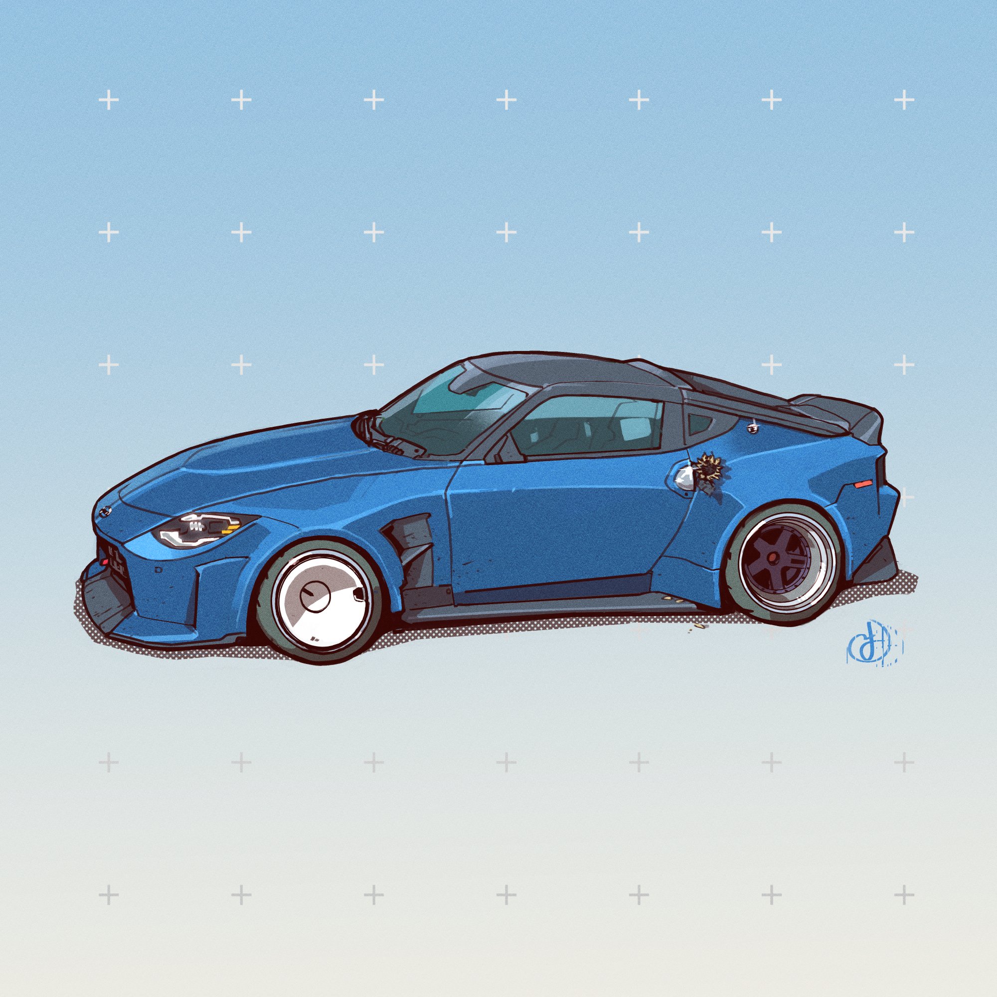 blue_car car commentary english_commentary fernando_correa flower from_side highres motor_vehicle nissan nissan_fairlady_z nissan_z_(rz34) no_humans original shadow signature sports_car sunflower vehicle_focus yellow_flower