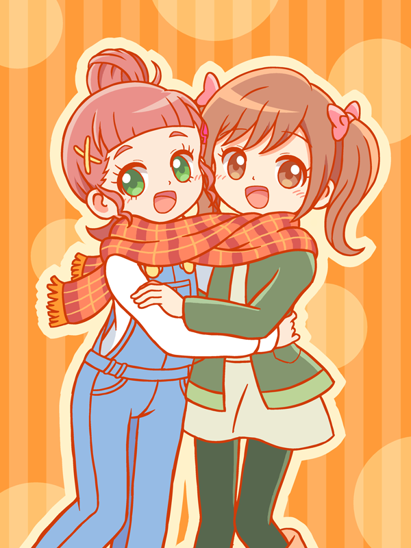 2girls chouno_hikari cocotama_(series) denim green_eyes jeans kamisama_minarai:_himitsu_no_cocotama kato-shun multiple_girls overalls pants polka_dot polka_dot_background scarf shared_clothes shared_scarf smile yotsuba_kokoro yuri
