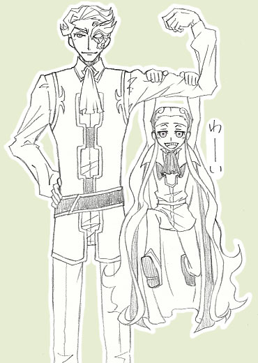 2boys artist_request code_geass green_hair jeremiah_gottwald male_focus monochrome multiple_boys source_request v.v.