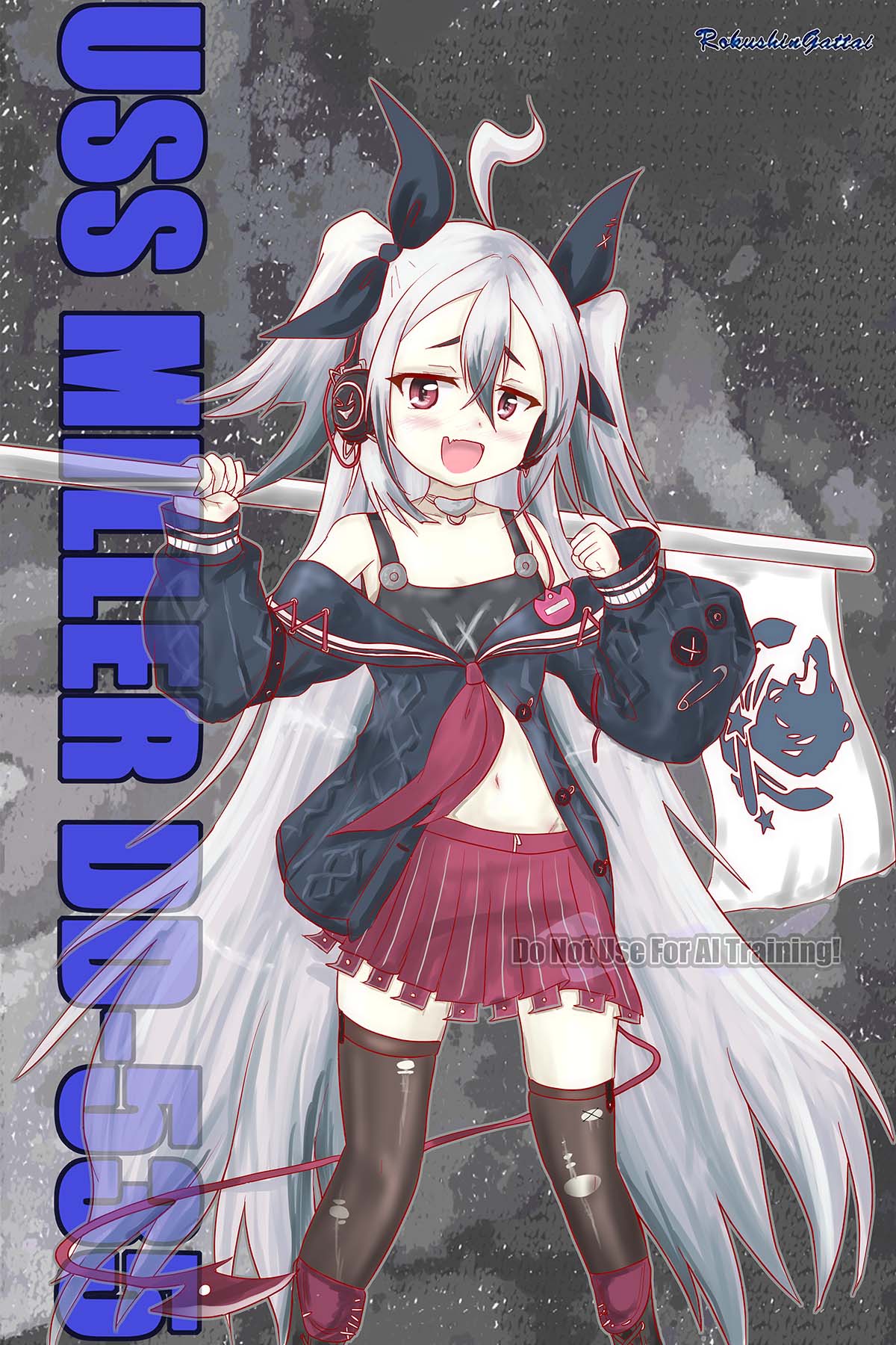 :d ahoge azur_lane bare_shoulders black_hair black_ribbon black_thighhighs breasts character_name fang flag gradient_hair groin hair_between_eyes hair_ribbon hands_up headphones highres holding holding_flag light_blush long_hair looking_at_viewer low_twintails midriff miller_(azur_lane) mrx000sss multicolored_hair navel northern_parliament_(emblem) open_mouth red_eyes red_skirt ribbon skin_fang skirt small_breasts smile stomach thighhighs torn_clothes torn_thighhighs twintails two_side_up very_long_hair white_hair