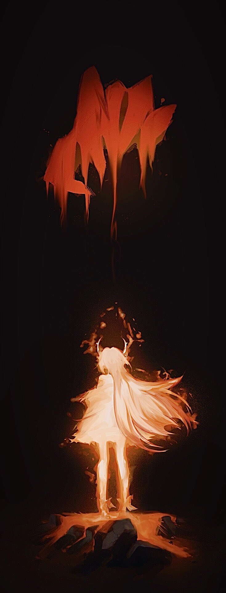 1girl arknights black_background commentary crack cracked_floor demon_horns disembodied_hand dripping english_commentary facing_away fire highres horns jacket limited_palette long_hair lava o_eeee_o red_hair red_jacket red_theme simple_background solo surtr_(arknights)