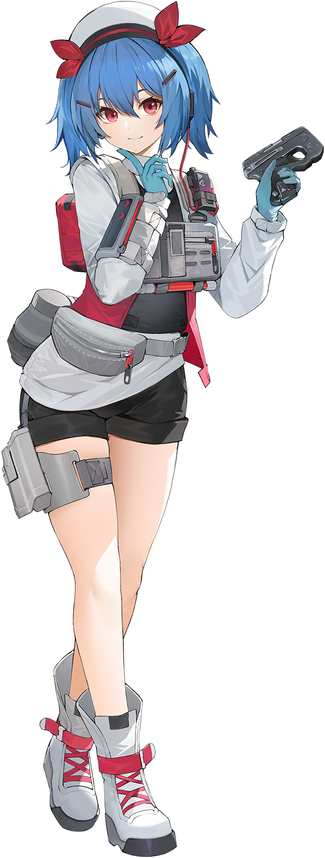 1girl blue_gloves blue_hair boots closed_mouth colphne_(girls&#039;_frontline_2) full_body girls&#039;_frontline girls&#039;_frontline_2:_exilium gloves grey_boots gun hair_between_eyes handgun hands_up hat highres holding holding_gun holding_weapon jacket long_sleeves medium_hair official_art open_clothes open_jacket pocket_pistol smile solo standing taurus_curve transparent_background weapon white_hat