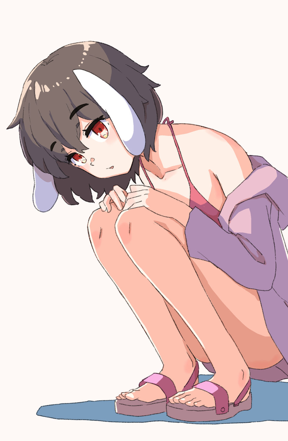 1girl alternate_costume animal_ears bikini black_hair brown_sandals commentary_request expressionless floppy_ears full_body grey_background highres inaba_tewi jack_(wkm74959) jacket jacket_partially_removed looking_at_viewer open_mouth orange_eyes pink_bikini purple_jacket rabbit_ears rabbit_girl sandals short_hair simple_background solo squatting swimsuit toes touhou