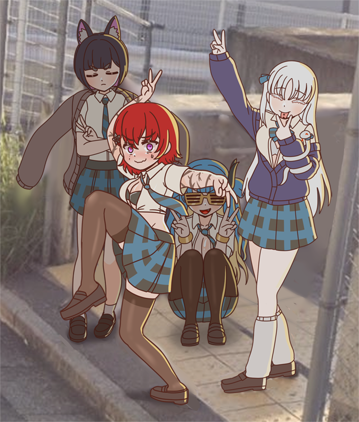 4girls alternate_costume animal_ears arm_tattoo bangle black_hair blonde_hair blue_hair bracelet breasts cardigan cheona_(last_origin) cleavage closed_eyes closed_mouth dog_ears double_v fafnir_(last_origin) high_school_girls_posing_for_google_street_view_(meme) janghwa_(last_origin) jewelry last_origin leg_warmers loafers long_hair meme mole mole_under_eye multicolored_hair multiple_girls necktie photo_background pleated_skirt purple_eyes red_hair rodong8 school_uniform shoes short_hair skirt snake squatting sunglasses tattoo thighhighs two-tone_hair unbuttoned v vargr_(last_origin) very_long_hair white_hair