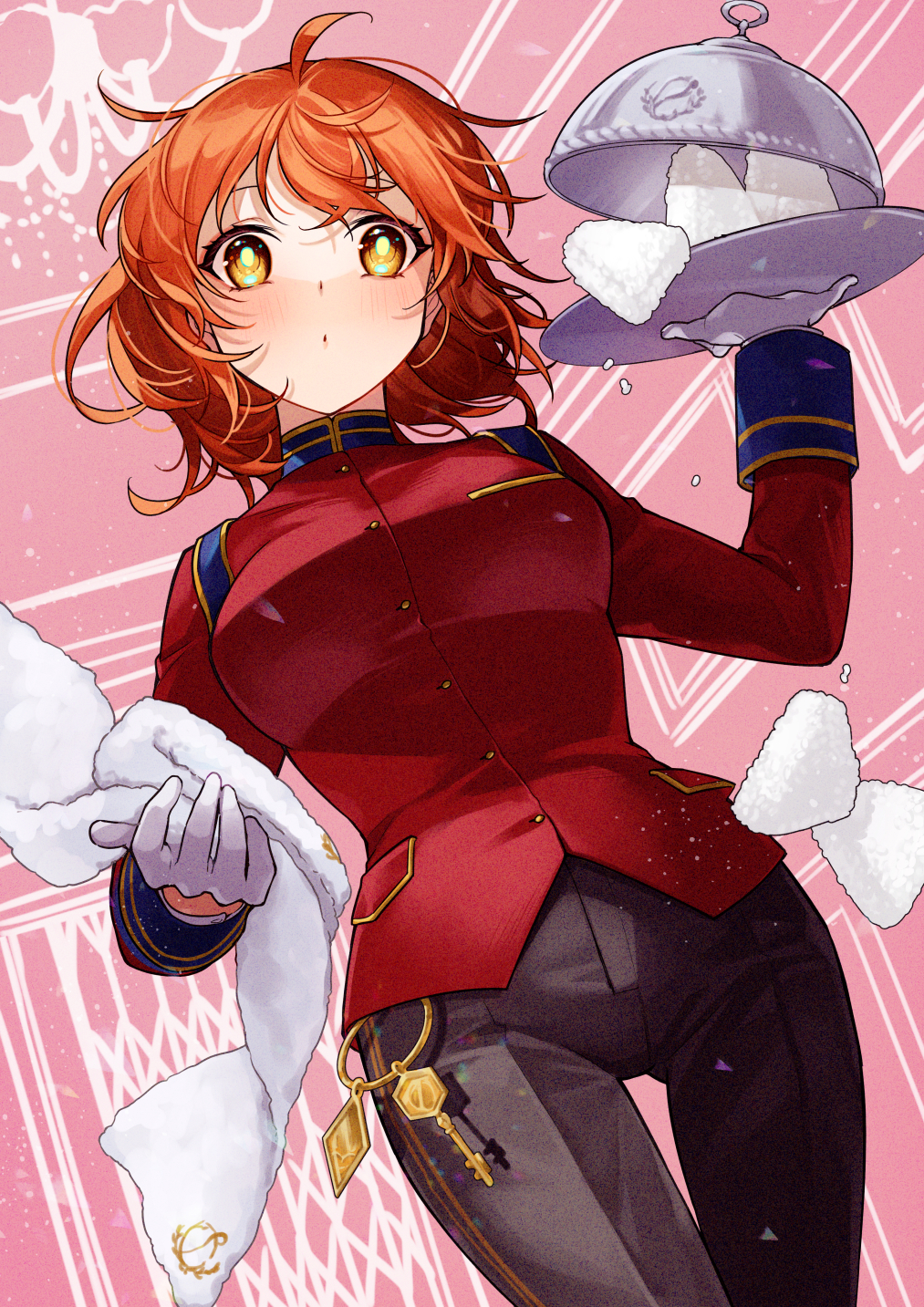 1girl blush breasts fate/grand_order fate_(series) fujimaru_ritsuka_(female) gloves highres ichino_tomizuki jacket looking_at_viewer medium_breasts open_mouth orange_eyes orange_hair red_jacket short_hair solo