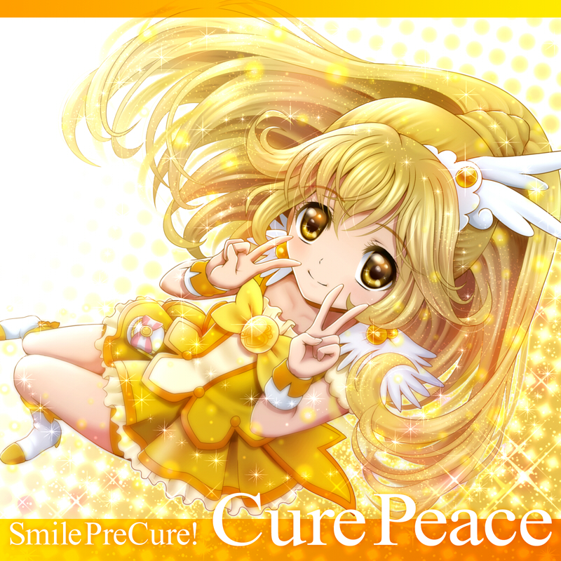10s 1girl bike_shorts bike_shorts_under_skirt blonde_hair boots bow character_name copyright_name cure_peace double_v dress eyelashes female_focus hair_flaps kise_yayoi long_hair magical_girl precure sekken_kasu_barrier shorts shorts_under_skirt skirt smile smile_precure! solo tiara v yellow_background yellow_bow yellow_eyes yellow_skirt yellow_theme