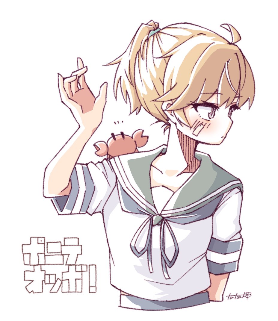 1girl ahoge animal animal_on_shoulder blue_sailor_collar brown_hair crab crab_on_shoulder facing_viewer grey_eyes kantai_collection looking_to_the_side oboro_(kancolle) ponytail profile sailor_collar sailor_shirt school_uniform serafuku shirt short_hair simple_background tatahai upper_body white_background white_shirt