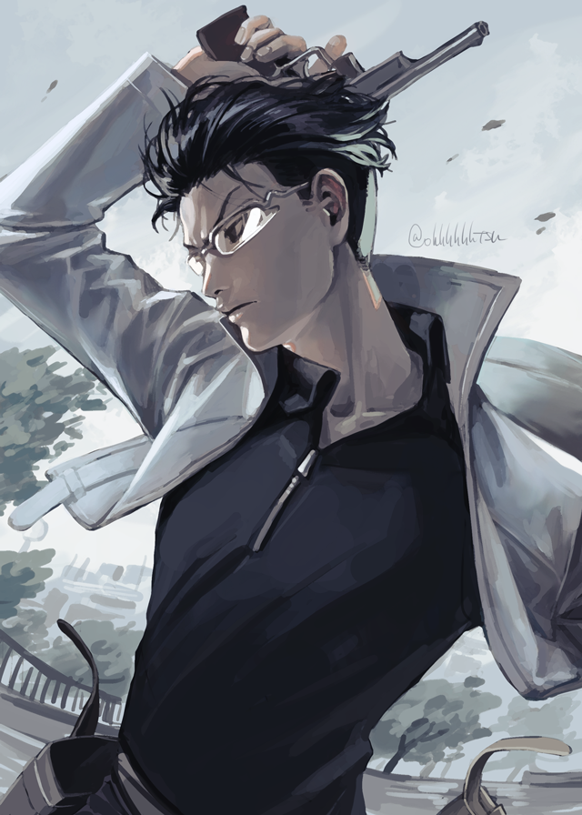 1boy arm_up black_hair black_shirt collared_shirt floating_clothes floating_hair glasses gun handgun holding holding_gun holding_weapon holster jacket looking_ahead male_focus ohhhhhhtsu over-rim_eyewear profile semi-rimless_eyewear shirt short_hair sky solo trigger_discipline upper_body weapon white_jacket world_trigger yuba_squad&#039;s_uniform yuba_takuma zipper_pull_tab