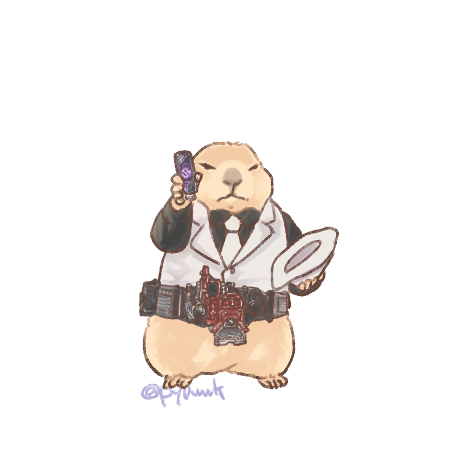 artist_name black_shirt body_fur brown_fur collared_shirt cosplay fedora full_body gaia_memory hashtag-only_commentary hat henshin_pose holding holding_unworn_clothes holding_unworn_hat kamen_rider kamen_rider_w lostdriver narumi_sokichi narumi_sokichi_(cosplay) necktie prairie_dog py0wwk shirt simple_background twitter_username unworn_hat unworn_headwear vest white_background white_necktie white_vest