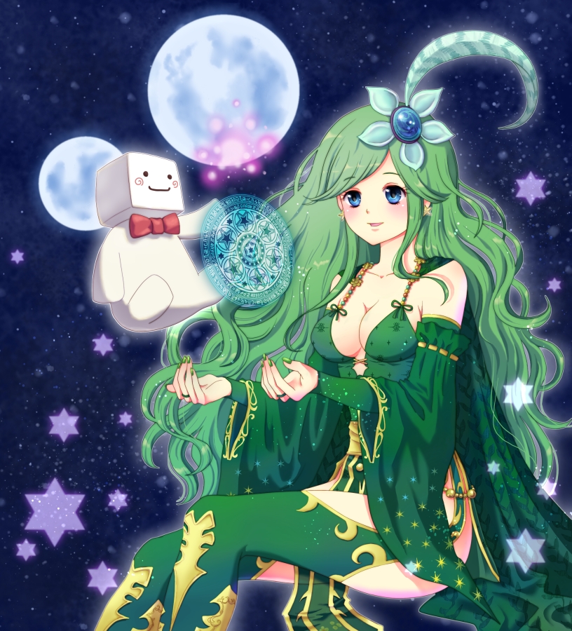 1990s_(style) 1girl aged_up bad_id bad_pixiv_id blue_eyes blush boots breasts cape cleavage detached_sleeves earrings final_fantasy final_fantasy_iv full_moon green_boots green_hair green_nails hair_ornament jewelry long_hair magic magic_circle medium_breasts moon nail_polish nunucco retro_artstyle rydia_(ff4) very_long_hair whyt