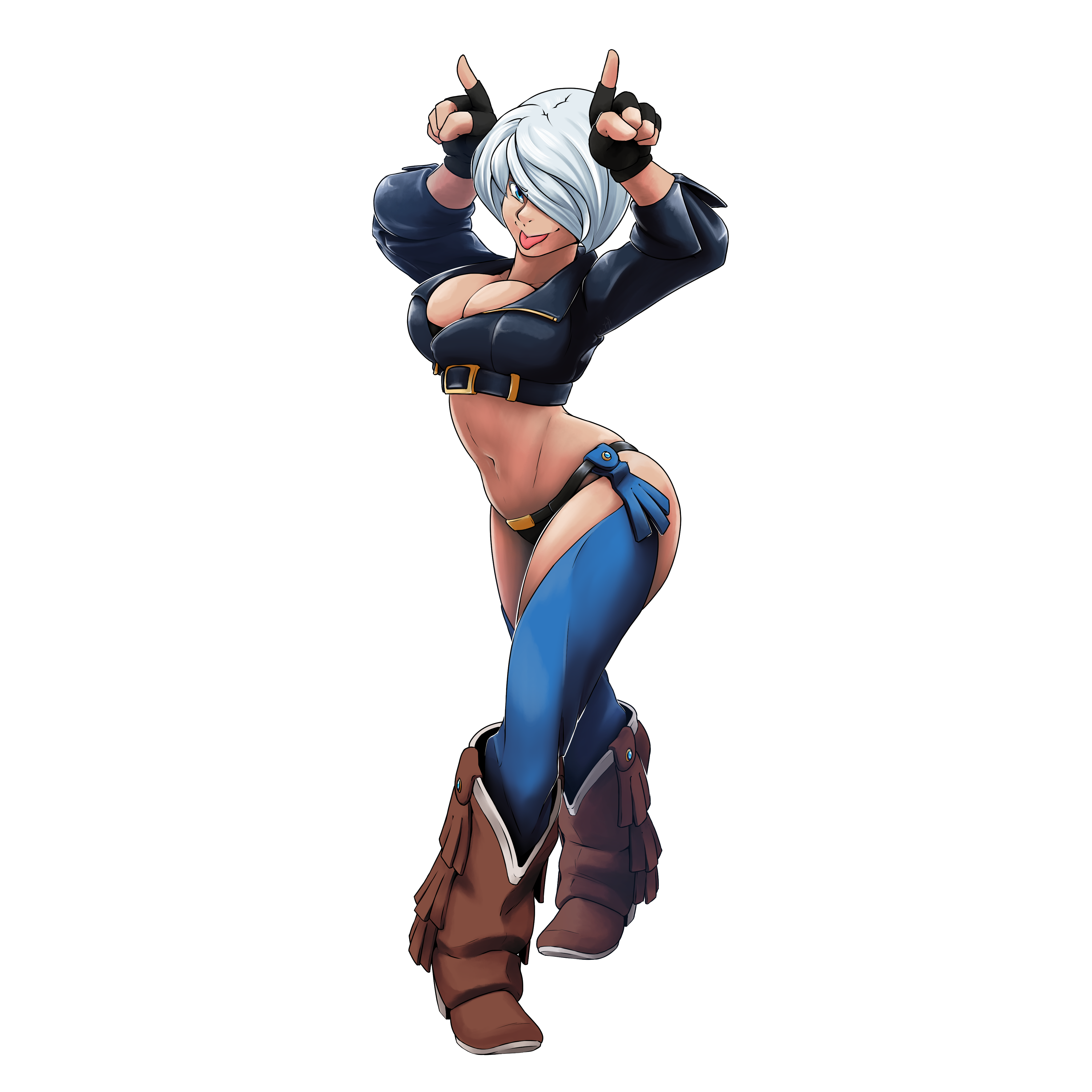 1girl absurdres angel_(kof) ass blue_eyes boots breasts cleavage curvy female_focus gloves hands_up highres jacket large_breasts leather looking_at_viewer pale_skin panties short_hair smile smiley_face standing the_king_of_fighters thick_thighs thighs tongue tongue_out underwear white_hair wide_hips zen158 zenny158