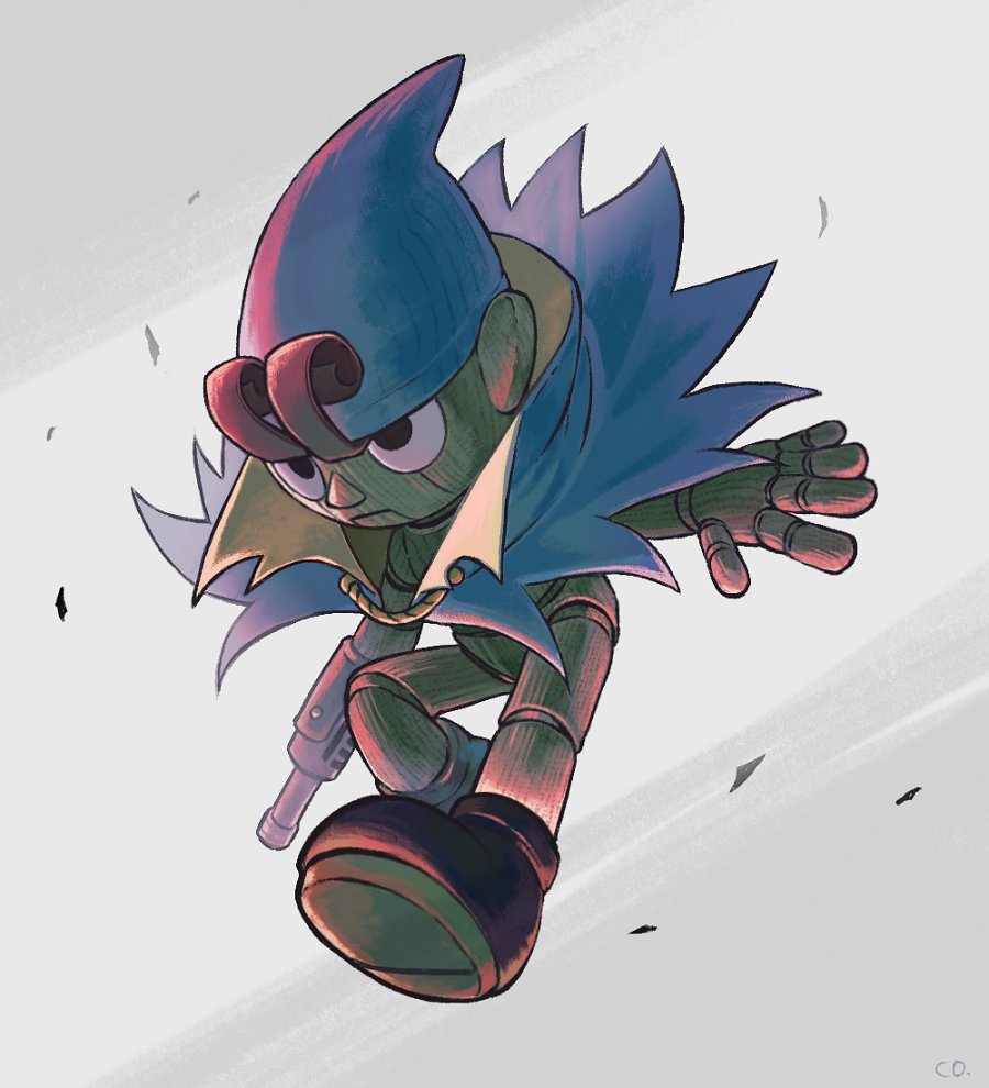 1boy arm_cannon blue_cape blue_hat brown_eyes brown_shoes cape closed_mouth co_co_mg collared_cape commentary_request doll_joints full_body geno_(mario) grey_background hat high_collar joints male_focus mario_(series) nintendo puppet serious shoes simple_background solo super_mario_rpg weapon white_background