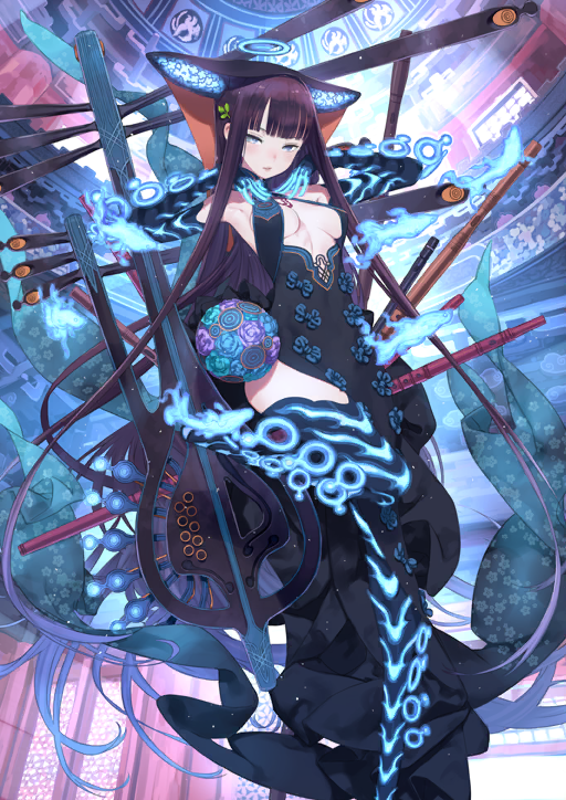 1girl absurdly_long_hair absurdly_long_sidelocks architecture armpits backless_dress backless_outfit bare_shoulders black_boots black_dress black_gloves blue_eyes blue_fire blue_halo blunt_bangs boots breasts breasts_apart brown_hair chest_tattoo chinese_clothes chinese_knot cleavage_cutout clothing_cutout creature dress east_asian_architecture elbow_gloves elemental_(creature) expressionless fate/grand_order fate_(series) fire fire_elemental flute foot_out_of_frame game_cg gloves gradient_hair hair_ornament halo halter_dress halterneck hands_on_own_shoulders hands_up headwear_request instrument kuroboshi_kouhaku leaf_hair_ornament leg_up long_dress long_hair long_sidelocks looking_at_viewer medium_breasts multicolored_hair official_art parted_lips pelvic_curtain pipa_(instrument) purple_hair side_slit sidelocks solo tattoo thigh_boots third-party_source underboob underboob_cutout variant_set very_long_hair very_long_sidelocks yang_guifei_(fate) yang_guifei_(third_ascension)_(fate)
