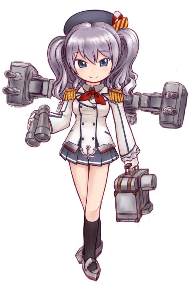 1girl binoculars black_hat black_socks blue_eyes blush bow bowtie breasts cannon epaulettes gloves gouchin_(nyou-tou) grey_hair grey_shirt grey_shoes grey_skirt hat hat_ornament holding holding_binoculars jacket kantai_collection kashima_(kancolle) long_hair long_sleeves looking_at_viewer medium_breasts red_bow red_bowtie school_uniform serafuku shirt shoes shoulder_cannon skirt smile socks standing twintails white_background white_gloves white_jacket