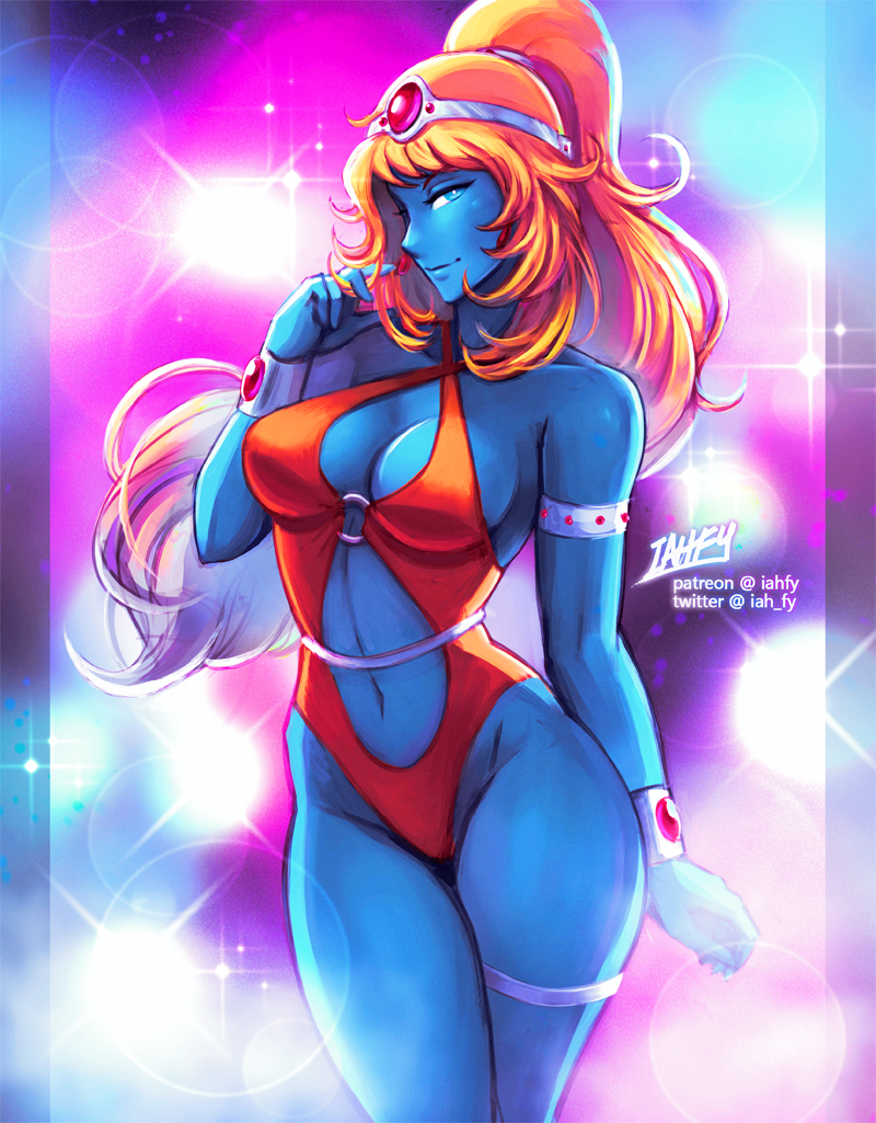 1girl alien armlet artist_name belt blue_skin bracer breasts center_opening cleavage colored_skin commentary criss-cross_halter curvy daft_punk english_commentary female_focus forehead_jewel groin halterneck hand_in_own_hair heavy_lens_flare high_ponytail highleg highleg_one-piece_swimsuit iahfy interstella_5555 jewelry lens_flare long_hair looking_at_viewer medium_breasts navel o-ring o-ring_swimsuit one-piece_swimsuit orange_one-piece_swimsuit patreon_username ponytail signature smile solo standing stella_(interstella_5555) swimsuit thigh_strap twitter_username white_belt