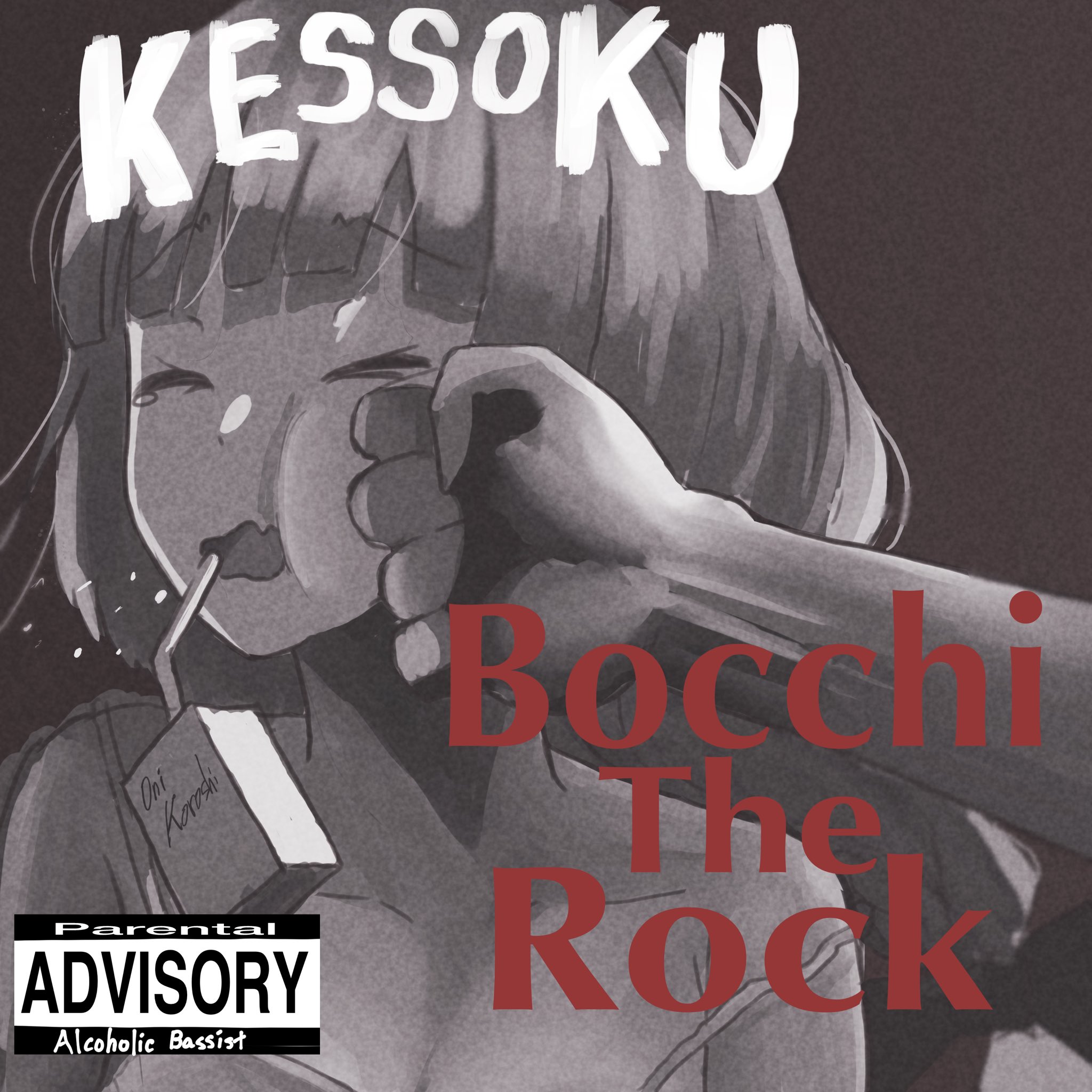 1girl album_cover album_cover_redraw alcohol alcohol_carton blunt_bangs bocchi_the_rock! bonchenpint braid closed_eyes cover derivative_work dress face_punch greyscale highres hiroi_kikuri in_the_face long_hair medium_dress monochrome open_mouth pantera_(band) parody punching sake single_braid