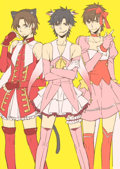 3boys animal_ears bad_id bad_pixiv_id blue_eyes boots brown_eyes brown_hair caren_hortensia cat_boy cat_ears cat_tail cosplay crossdressing dress emiya_kiritsugu facial_hair fate/hollow_ataraxia fate/kaleid_liner_prisma_illya fate/tiger_colosseum fate/zero fate_(series) feather_hair_ornament feathers fingerless_gloves gloves goatee hair_ornament hair_ribbon illyasviel_von_einzbern kaleido_ruby kaleido_ruby_(cosplay) kotomine_kirei magical_caren magical_caren_(cosplay) magical_girl male_focus multiple_boys naname13 official_alternate_costume parody pink_boots prisma_illya prisma_illya_(cosplay) ribbon simple_background tail thighhighs tohsaka_rin tohsaka_tokiomi toosaka_rin yellow_background