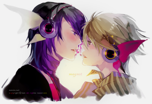 2boys bad_id bad_pixiv_id black_hair blonde_hair blush face-to-face giancarlo_bourbon_del_monte giulio_di_bondone headphones kaninn lucky_dog lucky_dog_1 magnet_(vocaloid) male_focus multiple_boys parody purple_eyes tennenouji vocaloid