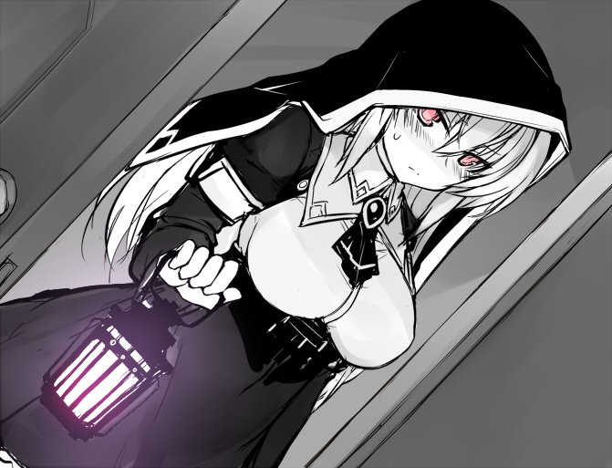 1girl ascot black_skirt blush breasts collared_shirt door doorknob doorway female_focus glowing high-waist_skirt holding lantern large_breasts lilia_(null) long_hair long_sleeves monochrome nervous null_(nyanpyoun) original pink_eyes shirt skirt solo spot_color sweatdrop upper_body white_shirt