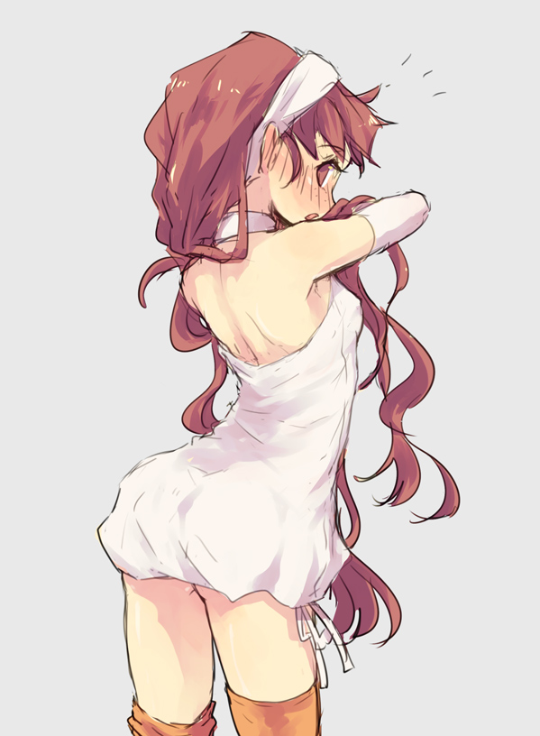1girl breasts brown_eyes brown_hair brown_theme cowboy_shot detached_sleeves dress female_focus from_behind grey_background halterneck isuzu_(log_horizon) log_horizon long_hair looking_back mo_(deciliter) open_mouth orange_thighhighs ribbon short_dress simple_background sketch sleeveless sleeveless_dress small_breasts solo standing thighhighs very_long_hair white_dress white_ribbon