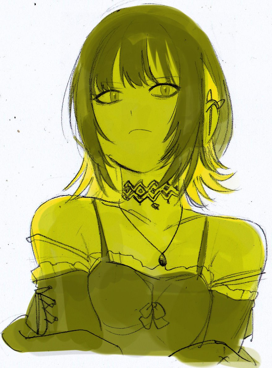 black_hair blunt_bangs bow breasts breasts_squeezed_together choker ear_piercing idolmaster idolmaster_shiny_colors ikaruga_luca jacket jacket_partially_removed jewelry looking_at_viewer medium_hair monochrome multicolored_hair necklace noobboy_02 off-shoulder_shirt off_shoulder piercing shirt simple_background sketch small_breasts solo spiked_ear_piercing streaked_hair two-tone_hair upper_body