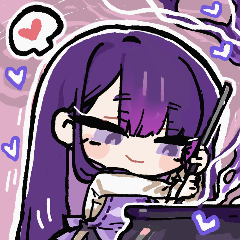 1girl apron cauldron chibi chibi_only chinese_commentary cui_pi_zha_xia_qiu girls&#039;_frontline girls&#039;_frontline_neural_cloud heart official_art purple_apron purple_eyes purple_hair sangoma_(neural_cloud) second-party_source smile solo spoken_heart stirring stirring_rod