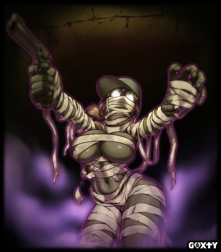 1girl artist_name bandages baseball_cap blaxvel breasts brown_hair colored_skin commentary english_commentary fio_germi glowing glowing_eyes gun hat holding holding_gun holding_weapon large_breasts long_hair metal_slug mummy naked_bandage ponytail solo weapon