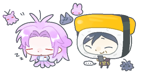 ... 2boys =_= animalization antenna_hair black_hair cat chibi chibi_only chinese_commentary closed_eyes closed_mouth coat commentary_request curtained_hair emitou_fo food-themed_hat hatsutori_hajime jacket jaggy_lines long_hair long_sleeves lowres male_focus monster_boy monsterification multiple_boys octopus_boy parted_bangs pink_hair purple_coat rabbit saibou_shinkyoku short_hair simple_background speech_bubble spoken_ellipsis umbrella_octopus utsugi_noriyuki white_background white_jacket zzz